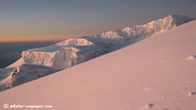 Kilimanjaro sunrise purplish snow